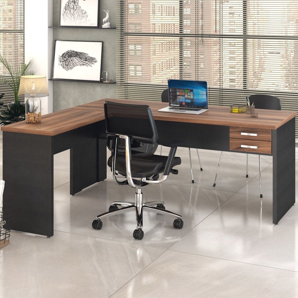 Mesa Para Escritório Home Office em L Diretor W30 C01 180x160cm Nogal com Preto Onix - Lyam Decor em Oferta na Shopee
