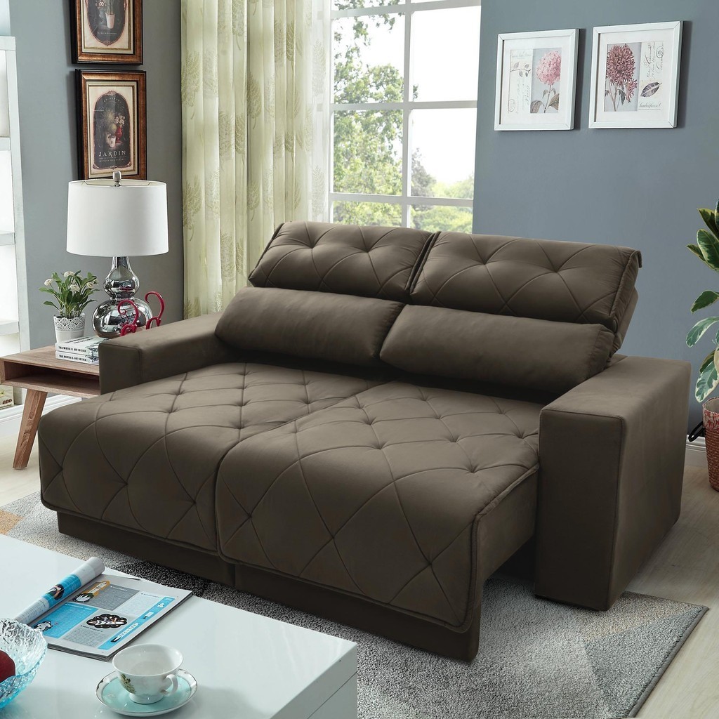 Sofá Retrátil Reclinável Belga 2,00m Suede Velut Tabaco  Molas no Assento - Home & Living