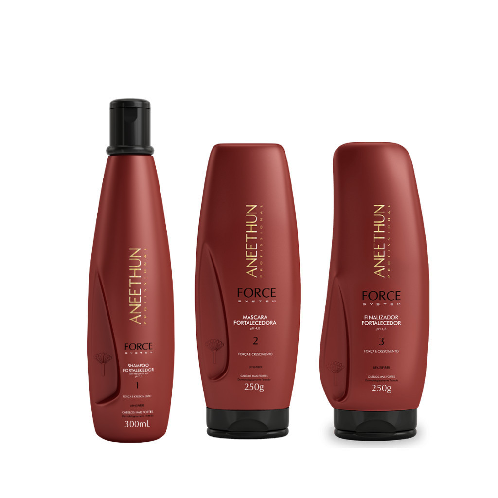 KIT SHAMPOO MASCARA E FINALIZADOR FORCE SYSTEM PROFISSIONAL FORTALECIMENTO E CRESCIMENTO - ANEETHUN - IMPERDIVEL