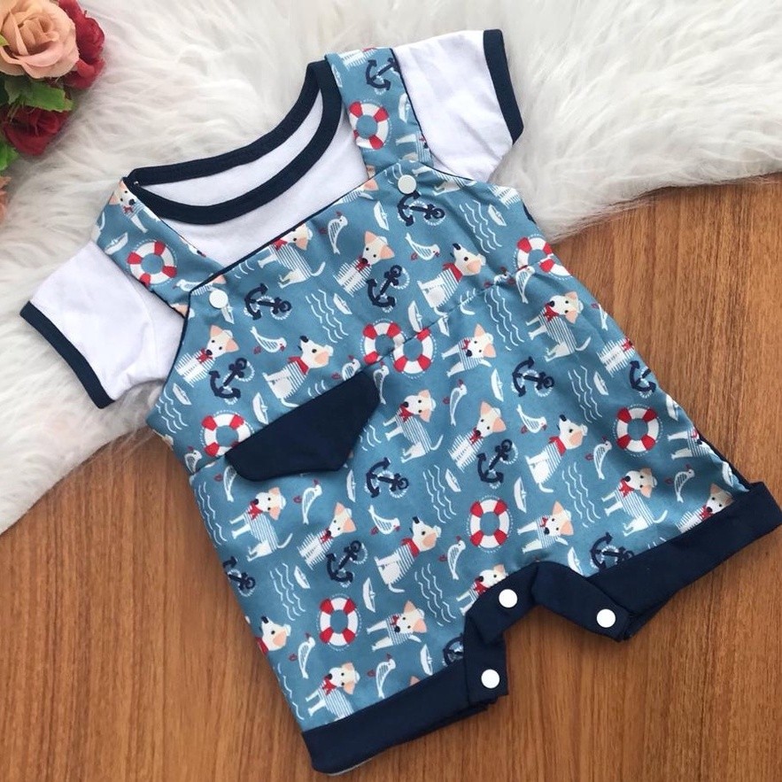 Kit Macacão curto e camiseta bebe menino para verão Macaquinho jardineira marinheiro