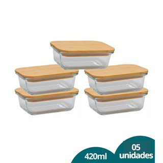 Kit 5 Potes Herméticos Marmitas Com Tampa De Bambu Design Elegante Retangular 420ml