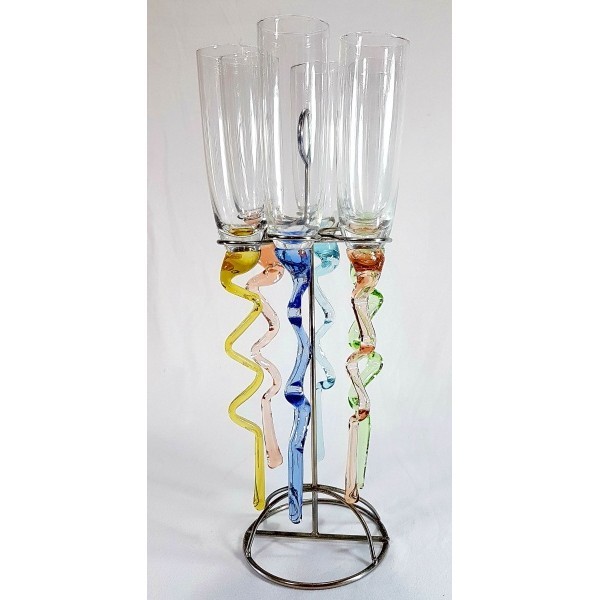 Jogo Com 6 Taças Flutes em Vidro Fino Fixação na Areia Haste Colorida em Zig Zag Drink Pra...