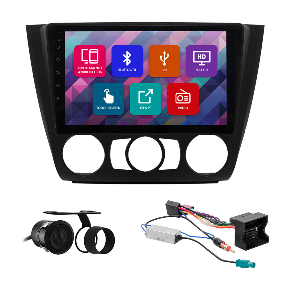 Kit Multimídia 9 Pol BMW Série 1 Ar Manual 2007 2008 2009 2010 2011 Espelhamento Android Ios 2 Din Preto Camera Ré em Oferta na Shopee