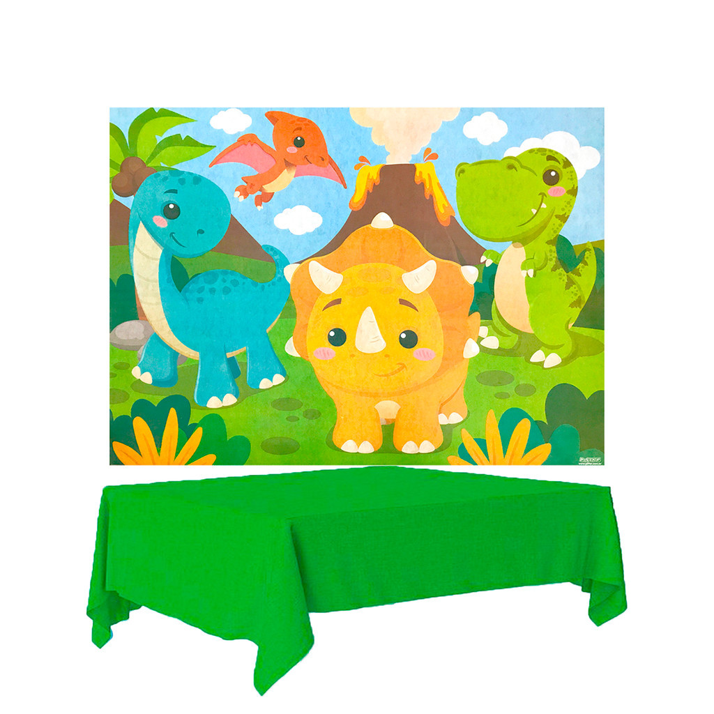 Kit festa Dino Baby Decoração Aniversário Painel + Toalha de mesa verde em Oferta na Shopee