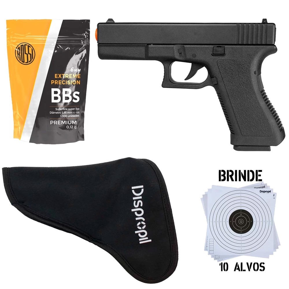 Pistola Airsoft Spring Vigor Glock GK-V307 + Coldre Neoprene + Bb's 0.12g + Alvos Brinde