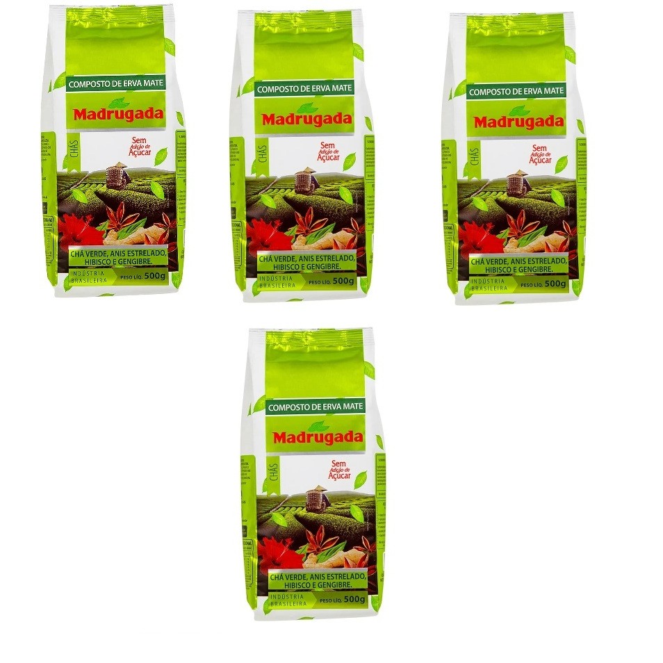 Kit 04 Compostos Erva Mate Madrugada Chás  Verde Anis Hibisco Gengibre 500g cada