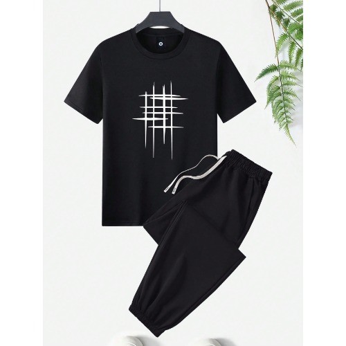 Conjunto  camiseta e estampa + Calça de moletom, Cintura Com Cordão, , Adequado Para academia ,fitnnes/casual exclusiva