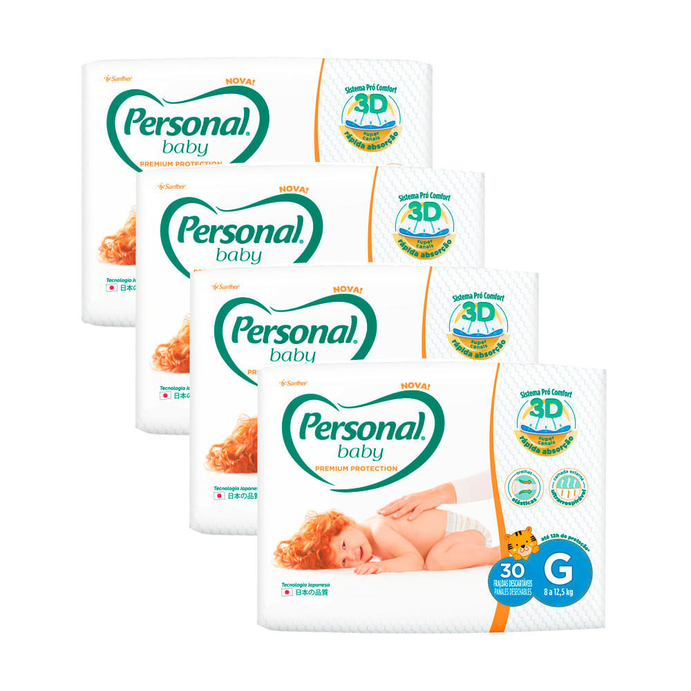 Kit 4 Fralda Personal Baby Premium Protection Tamanho G com 30 Unidades cada em Oferta na Shopee