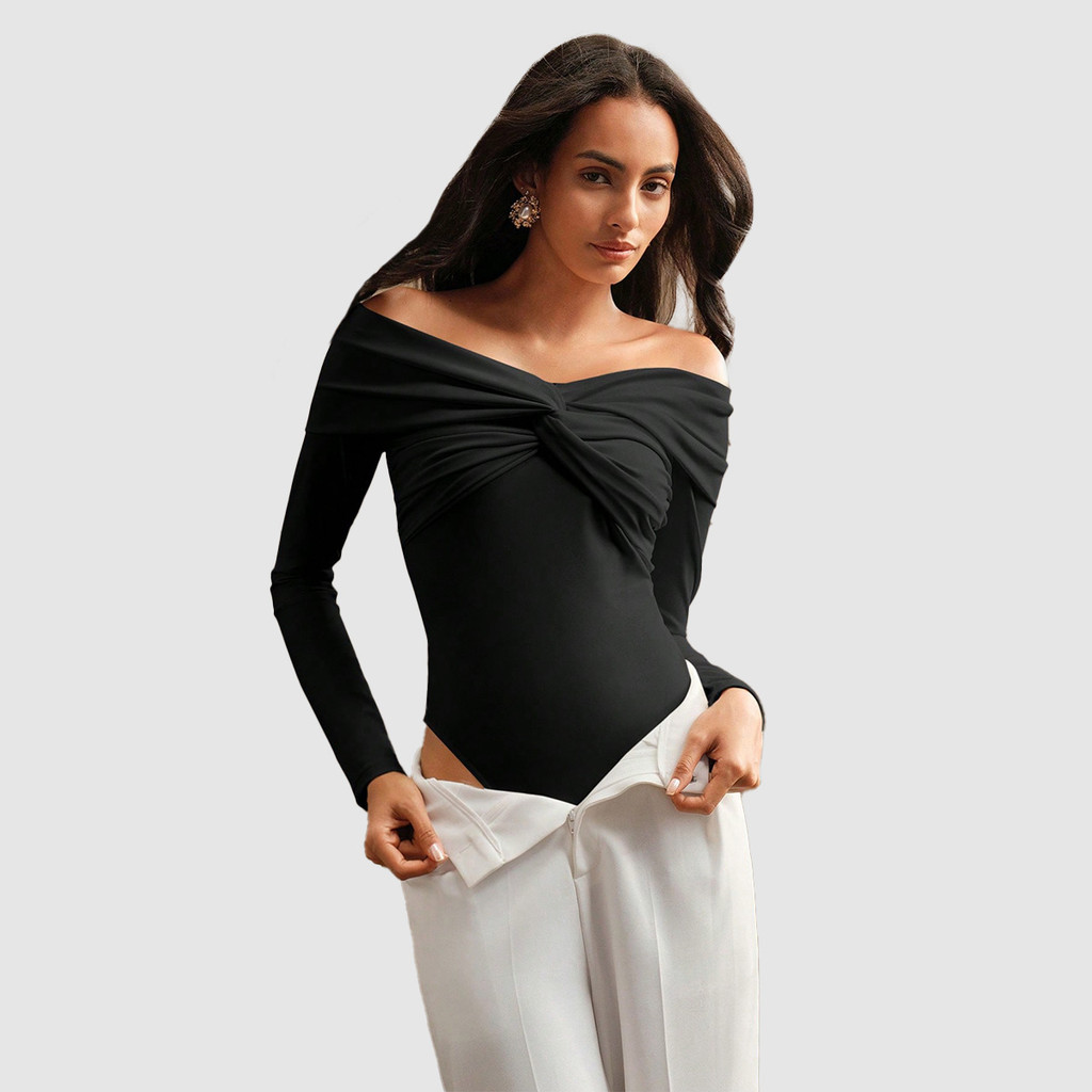 Body Manga Longa Feminino Ciganinha Ombro A Ombro Detalhe Trançado Tendência