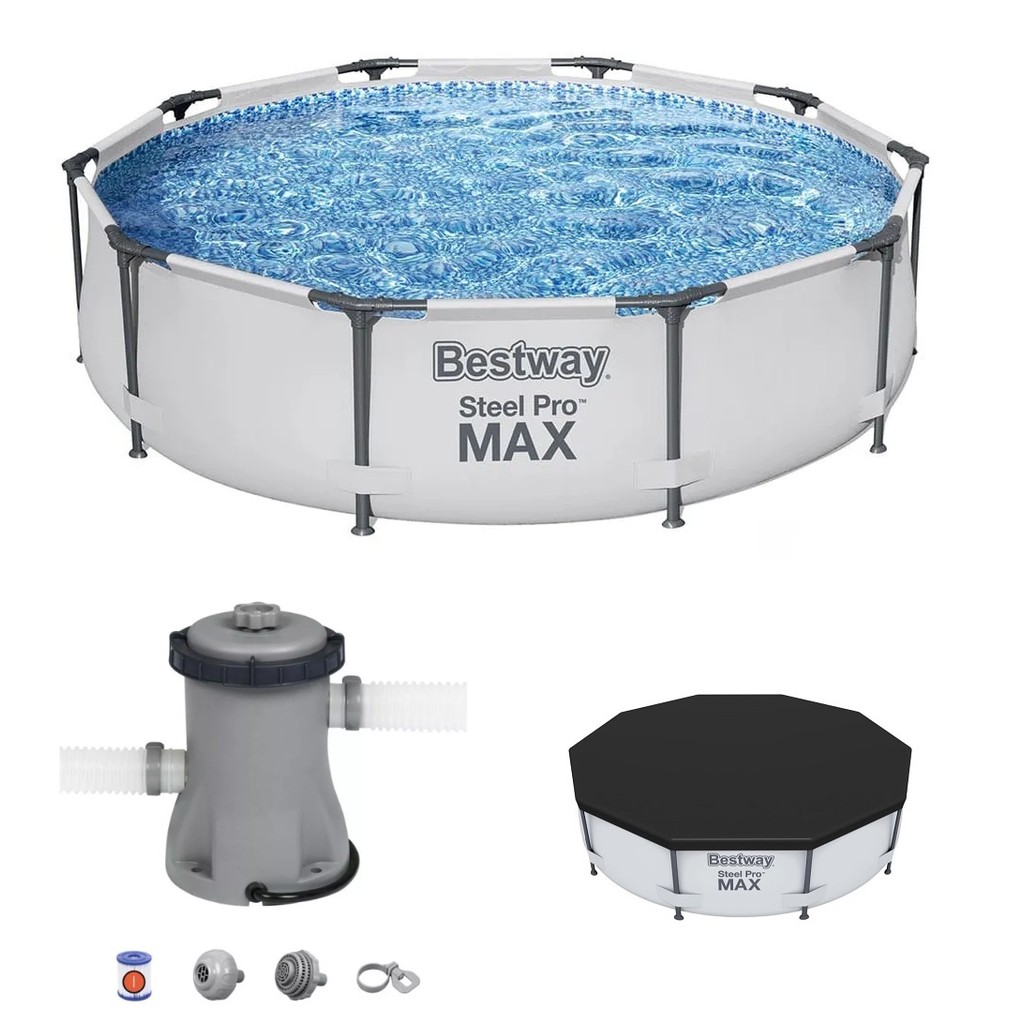 220v - Piscina Bestway 5000 Litros Steel Pro Max CINZA 56406 com Bomba Filtrante 220v e CAPA ( 4678 Litros )