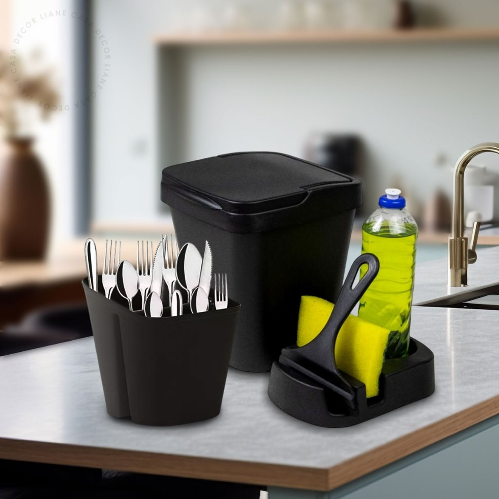 Kit Pia de Cozinha Lixeira + Escorredor de Talher + Porta Detergente + Rodinho de Pia em Oferta na Shopee