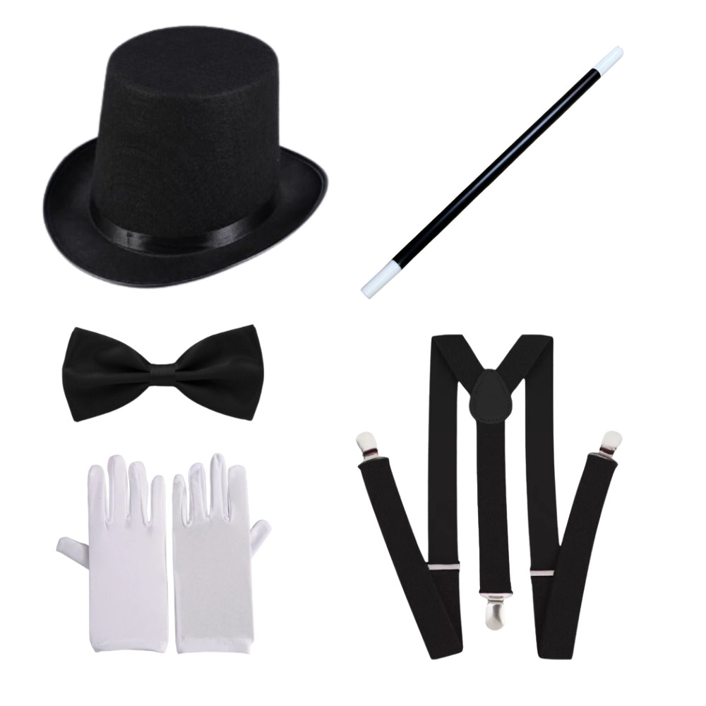 Fantasia de Mágico Cartola Varinha Gravata Chapéu Suspensório Adulto Cosplay Carnaval Masculino e Feminino