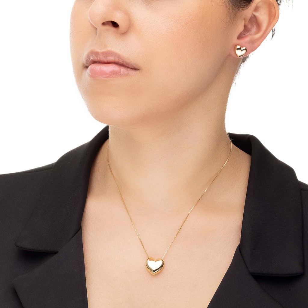 Brinco e Colar Feminino Coração Pequeno, Semijoia, Ouro 18K