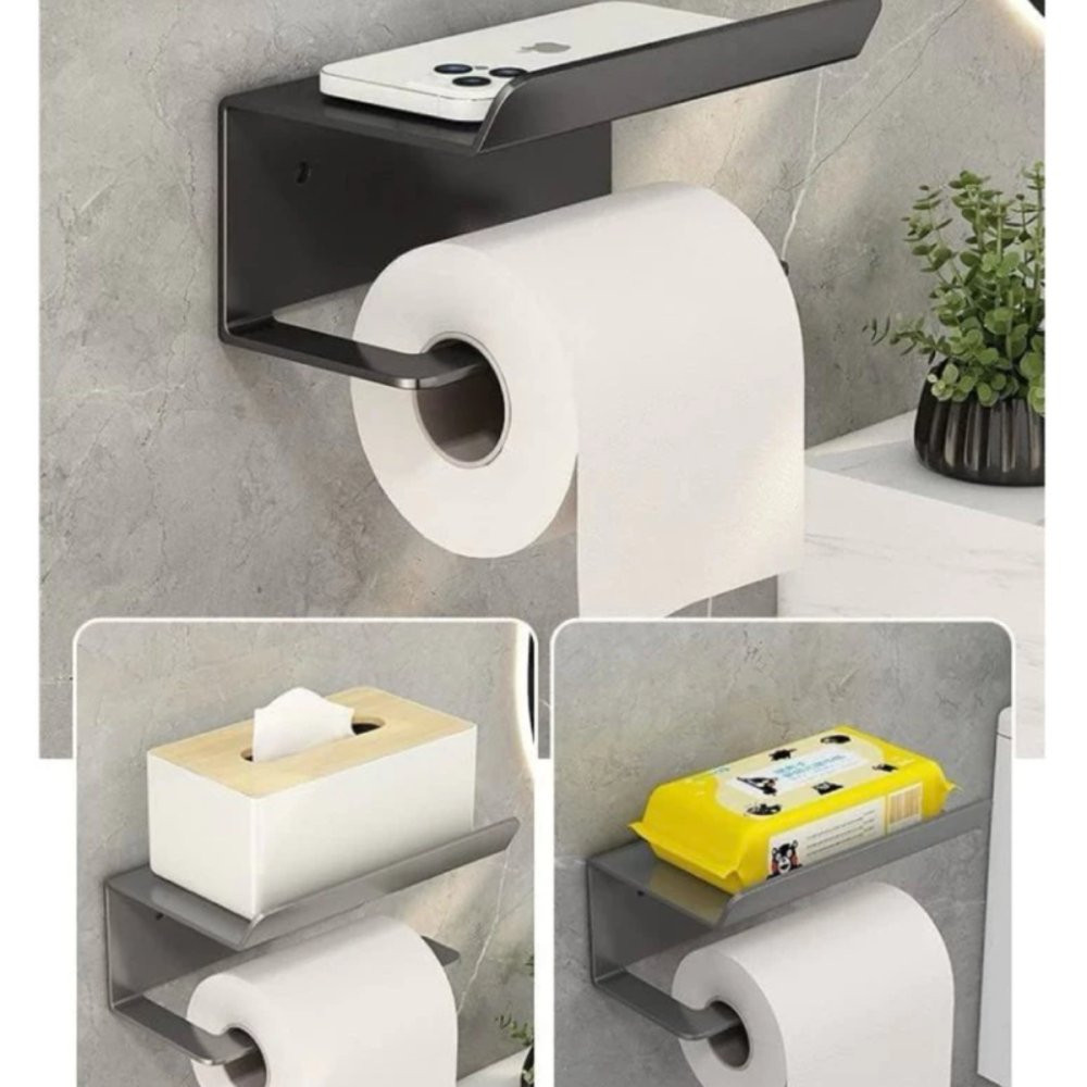 Suporte Papel Higiênico Banheiro Aço Inox Premium + Porta Objetos Celular Power Bank Fone de Ouvido
