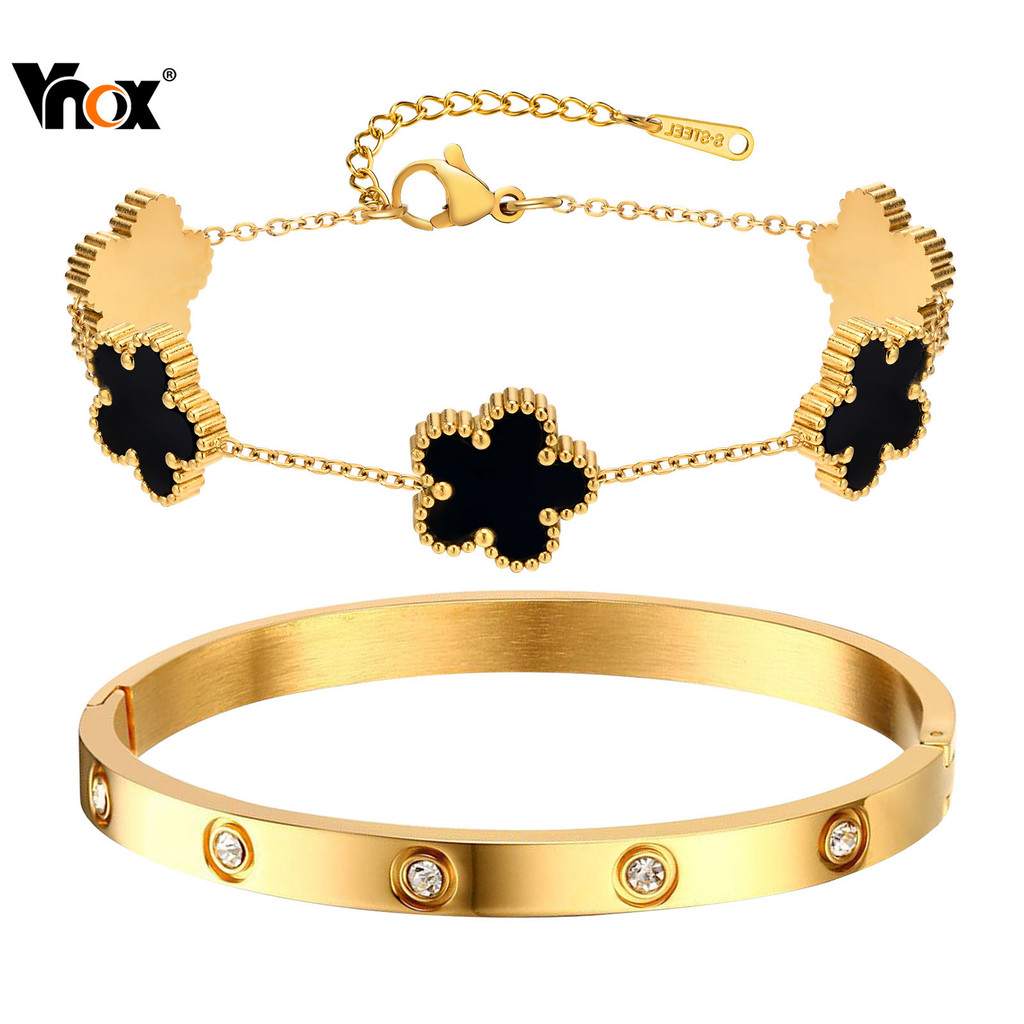 Conjunto De Pulseira De Flor Cúbica De Zircônia Vnox Para Mulheres , Hipoalergênica De Aço Inoxidável Dourado , Presente