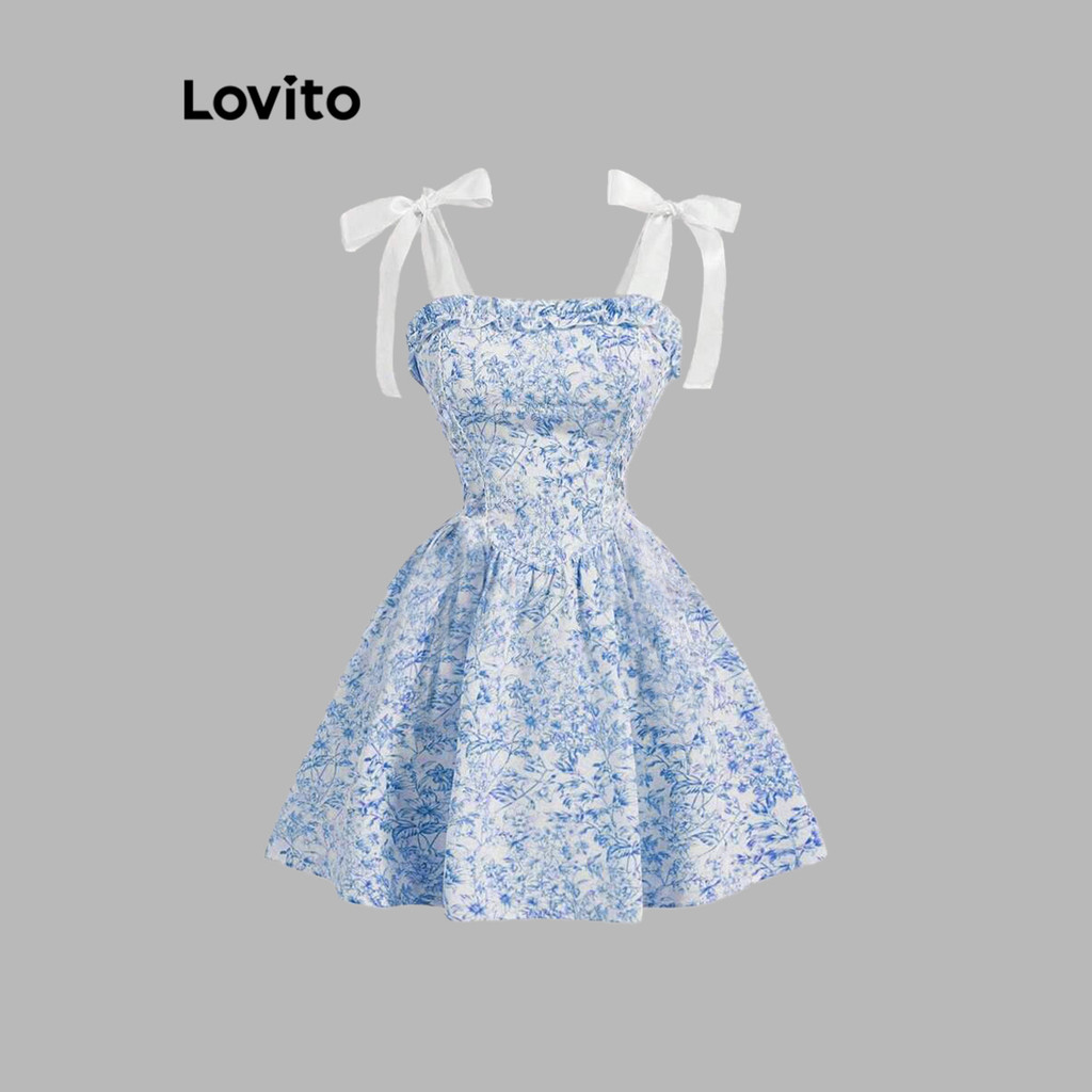 Lovito Vestido Casual Ditsy Floral contrastante com babados e gola drapeada para mulheres L117AD620 - Women Clothes