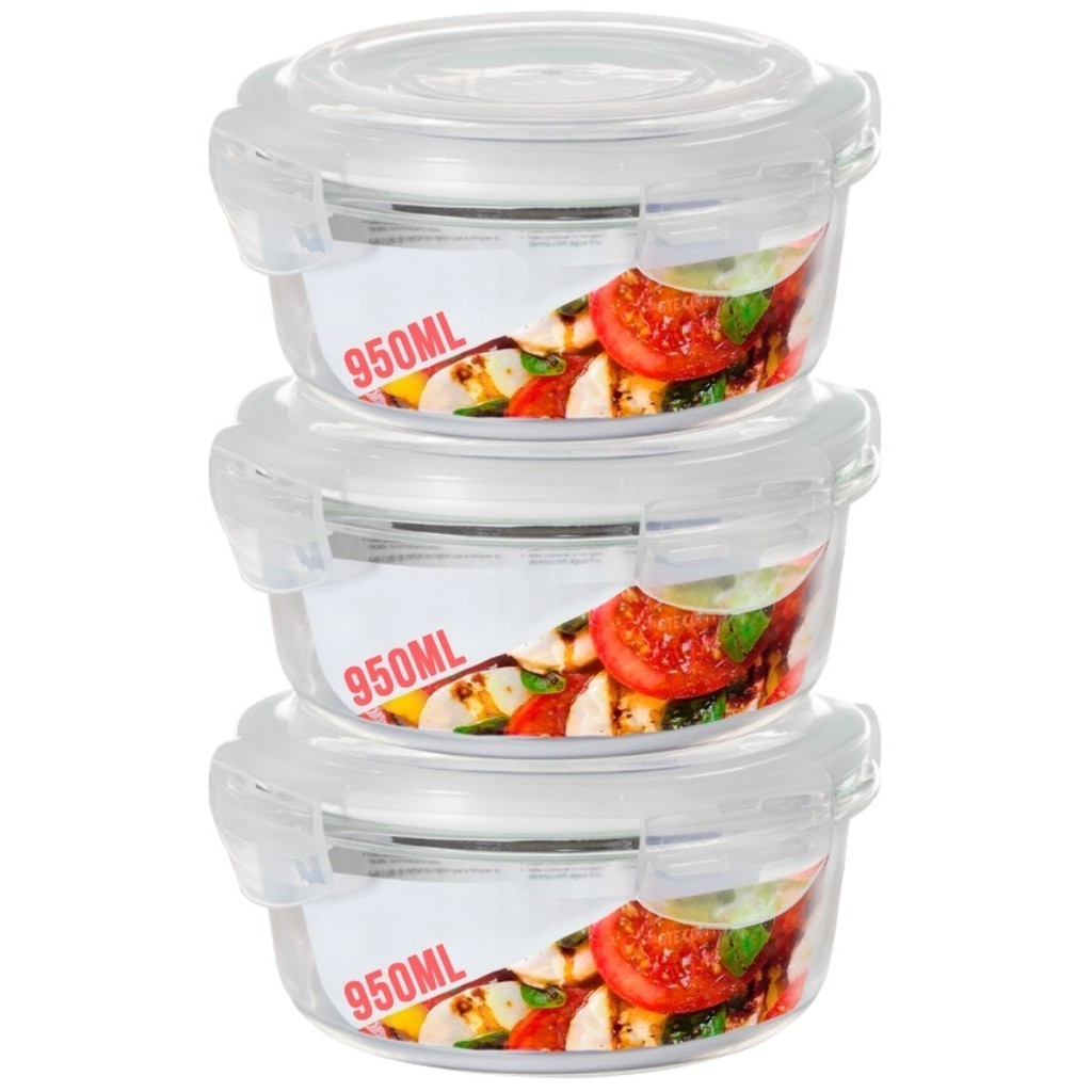 3 Potes Hermetico 950ml Redondo Vidro Microondas Multiuso
