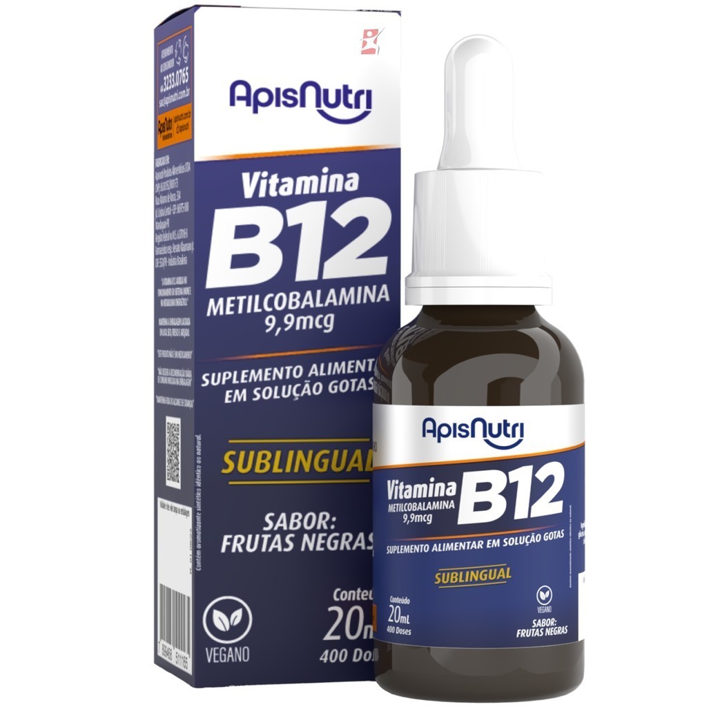 VITAMINA B12 METILCOBALAMINA VEGANA ALTO TEOR DE VITAMINA B12 APENAS 1 GOTA AO DIA 20ML 400 DOSES – APISNUTRI