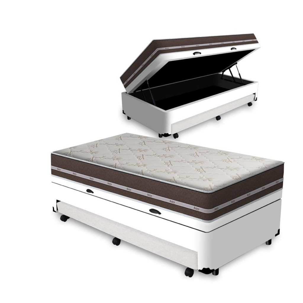 Cama Box Baú com Colchão de Molas Ensacadas D'Angelis Classic Pocket + Auxiliar Unique Solteiro 88 cm
