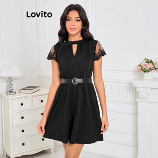 Lovito Elegante Vestido Feminino Liso com Recorte e Renda LBL09150