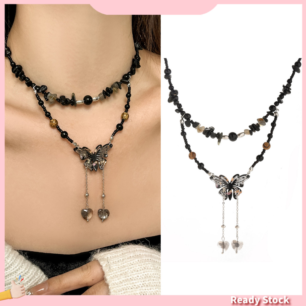 { GR } Colar De Patchwork Com Contas Jóias Leve Boho Butterfly Heart Pendant Necklace Tassel E Conta De Pedra Comprimento Ajustável De Clavícula Estilo Étnico Para Mulheres