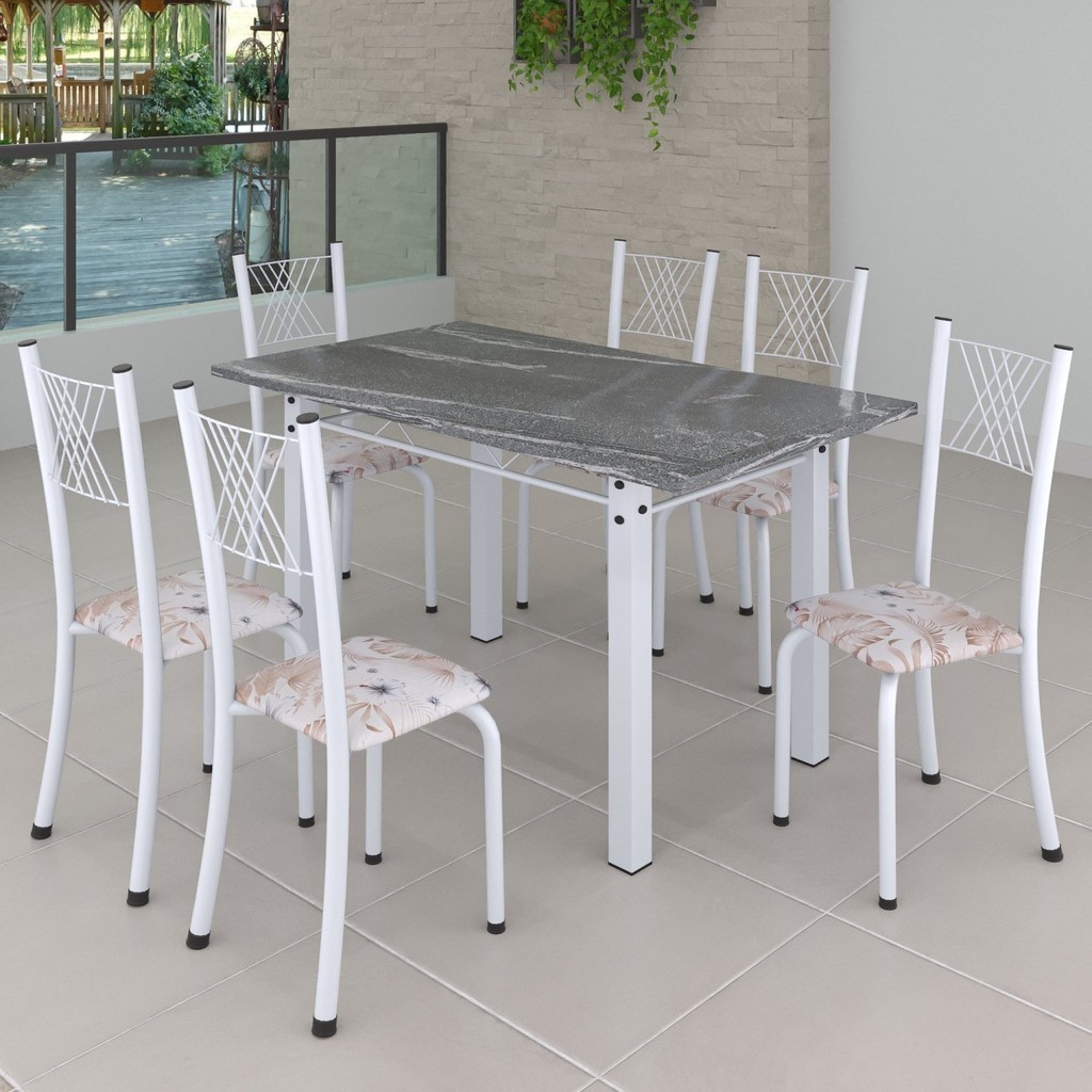 Conjunto de Jantar Mesa 140x75cm Tampo de Granito Topázio com 6 Cadeiras Sara Yescasa Botanic Bege/Branco - Home & Living