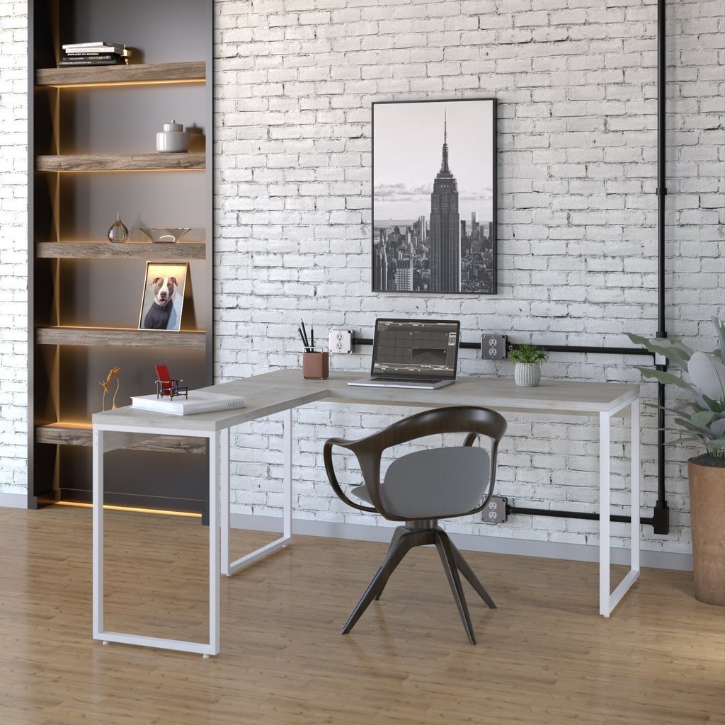 Escrivaninha Mesa Escritório Em L Estilo Kuadra 150cm Industrial Snow E Branco Chess Snow/Branco Chess