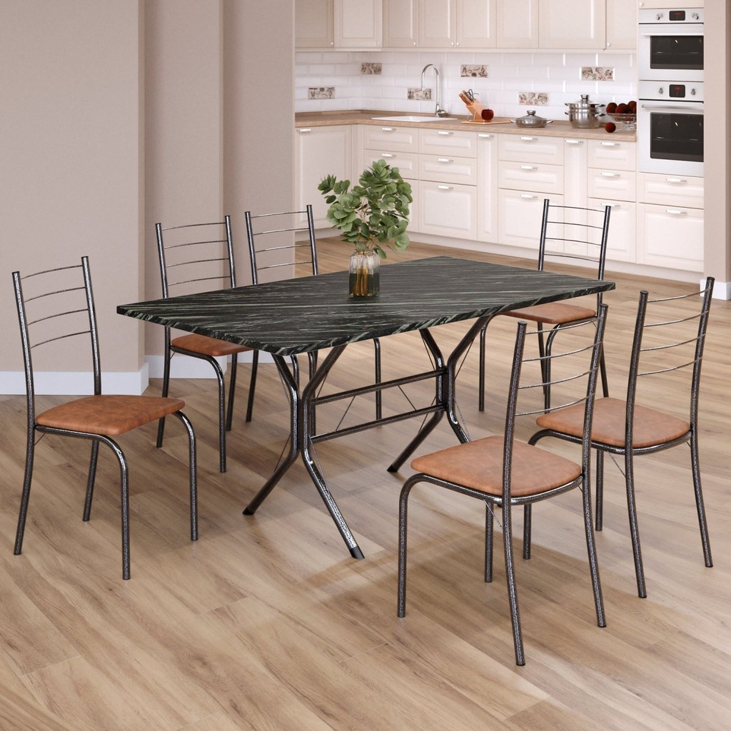Conjunto Sala de Jantar Mesa Retangular 140x75cm Tampo Madeira Mdp Indiana 6 Cadeiras Rio Marrom/ Mart Prata em Oferta na Shopee