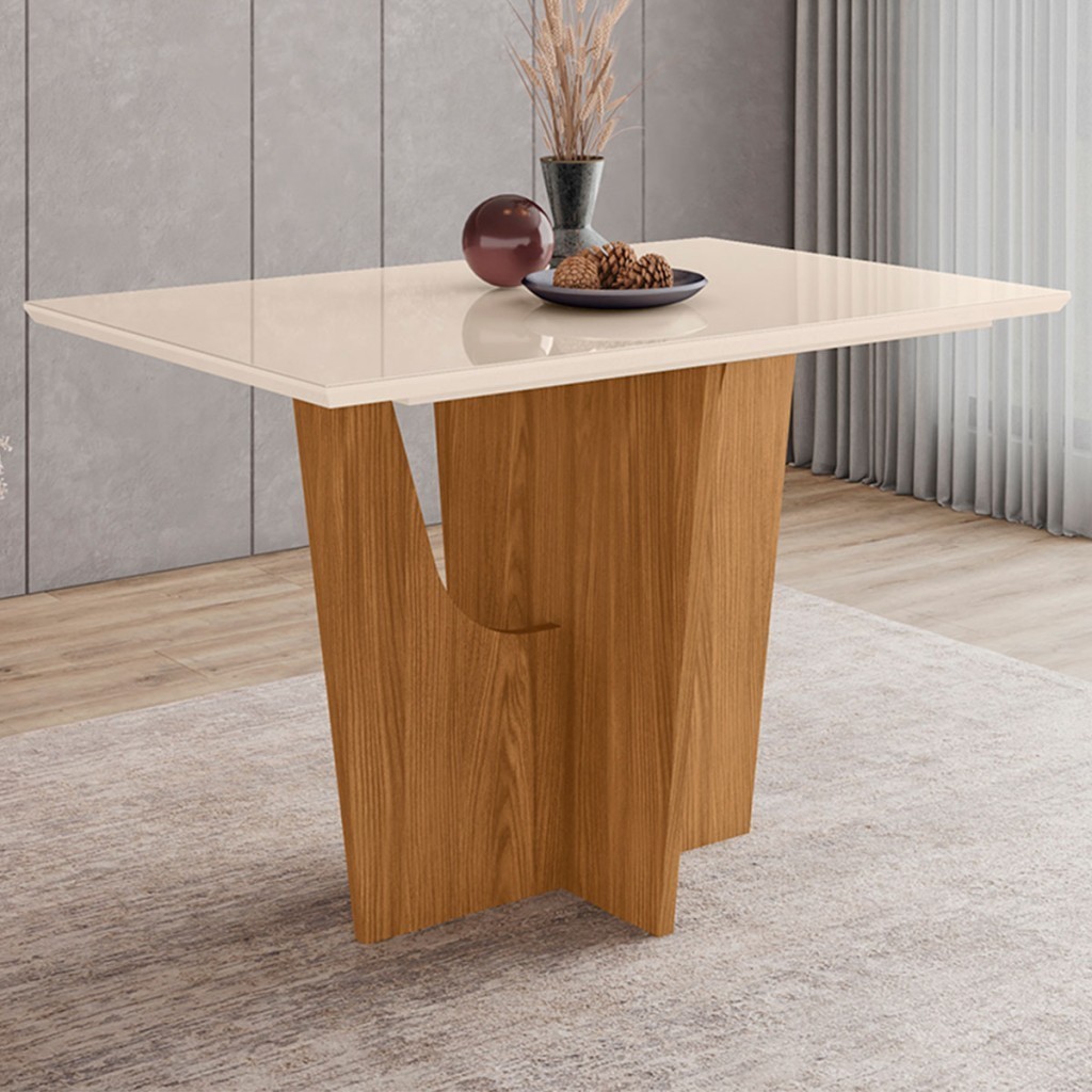 Mesa de Madeira Danielly com Vidro Nature/Off White Sci40 - Henn - Home & Living