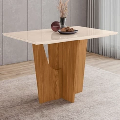 Mesa de Madeira Danielly com Vidro Nature/Off White Sci40 - Henn