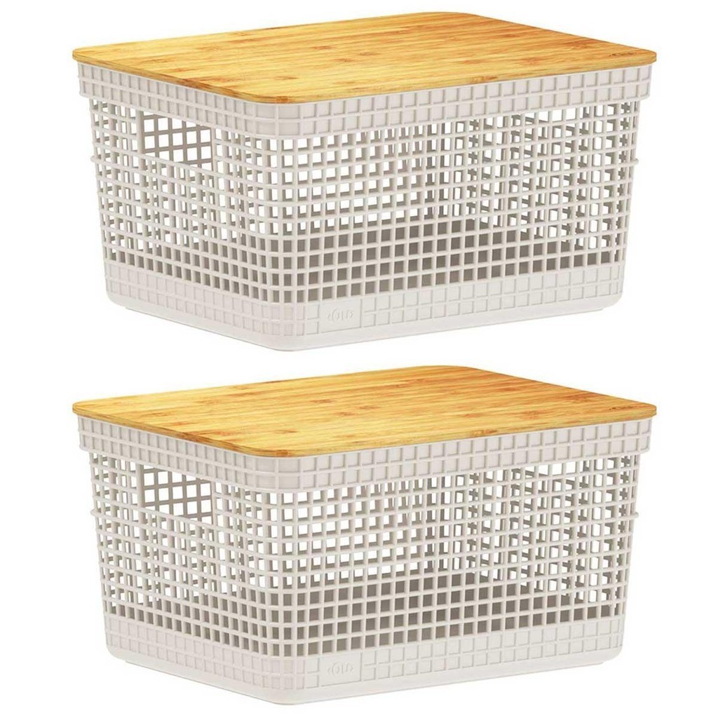 2x Cestos Organizador Ou Bege 8 Litros com Tampa de Bambu - Home & Living