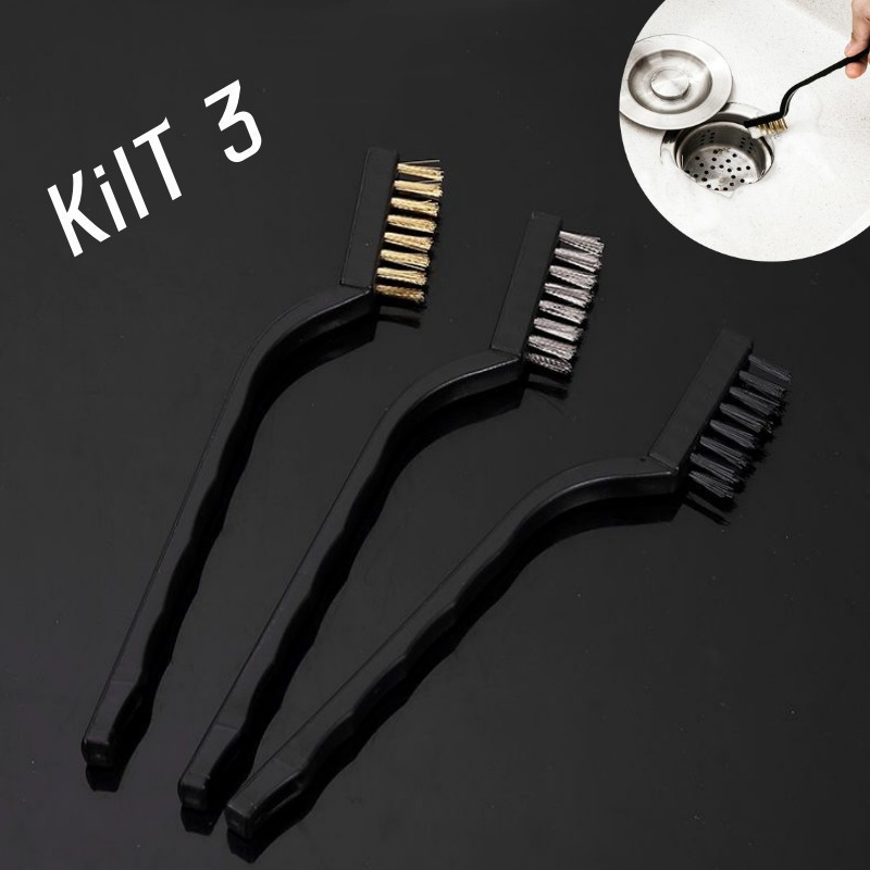 Kit 3 Pcs Escovas de Aço Multiuso Aço Latão Nylon Cabo Plástico