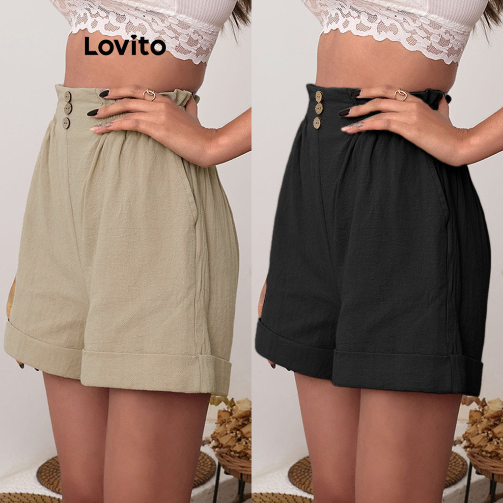 Lovito Casual Shorts Feminino Liso com Botão Frontal e Bainha Enrugada LNE31046 (Cáqui)