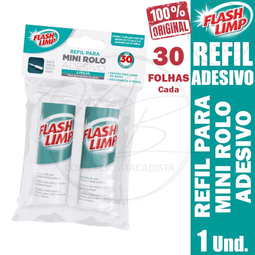 Tira Pelos de Roupas Refil Mini Rolo Adesivo Flash Limp 2 Peças 30 Folhas