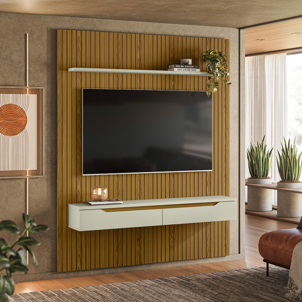 Painel Duetto Ripado P/Tvs até 65 Polegadas C/Nicho Suspenso 180cm Cedro/Off White - Olivar Móveis em Oferta na Shopee