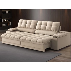 Sofá com Porta Copos e Carregador USB Ret Rec Luke 2,50m Linho Soft Bege - NETSOFAS