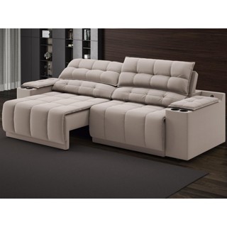 Sofá com Porta Copos Carregador USB Ret Rec Samurai 2,30m Velosuede Bege - NETSOFAS em Oferta na Shopee