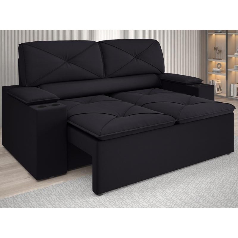 Sofá com Porta Copos Retrátil e Reclinável Pop 1,54m Velosuede Preto - NETSOFAS - Home & Living