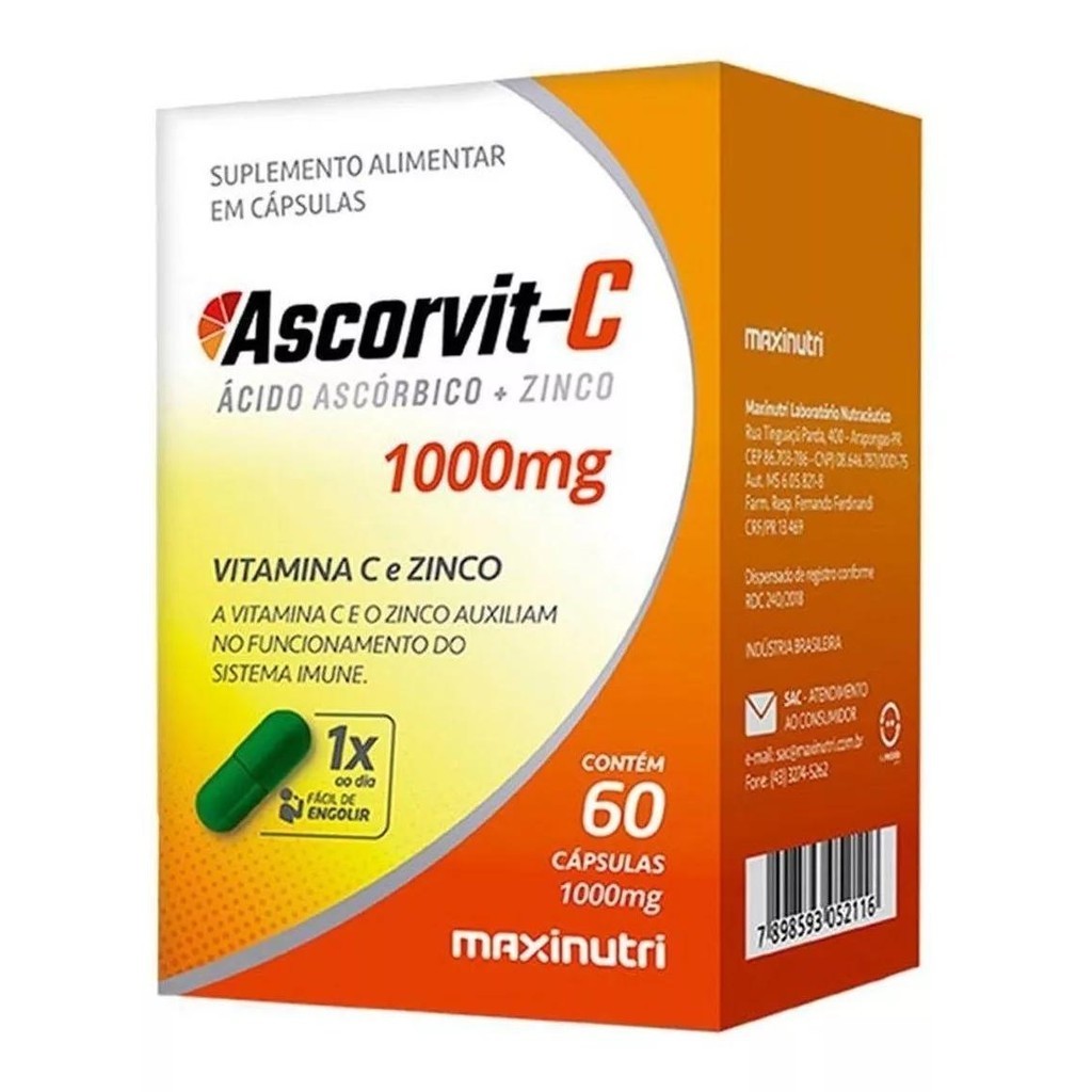 Ascorvit C 1000mg Vitamina C E Zinco 60 Cápsulas Maxinutri
