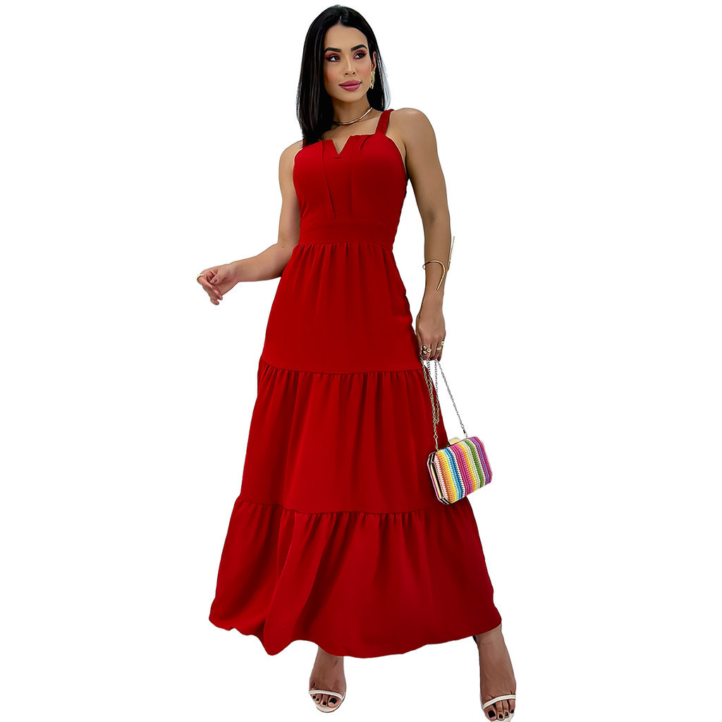 Vestido Feminino Longo Alcinha Camadas Acinturado Elegante Festa em Oferta na Shopee