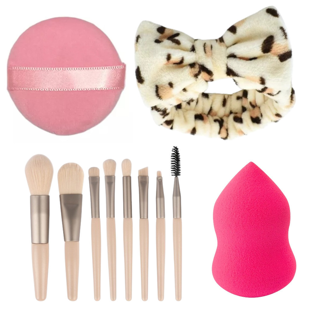 KIt Esponja Puff De Dedo Almofada Slim + Faixa Make + 1 Esponja Gota Chanfrada + 8 Pincéis C/ Estojolindo Maquiagem P/Base Blush E sombra