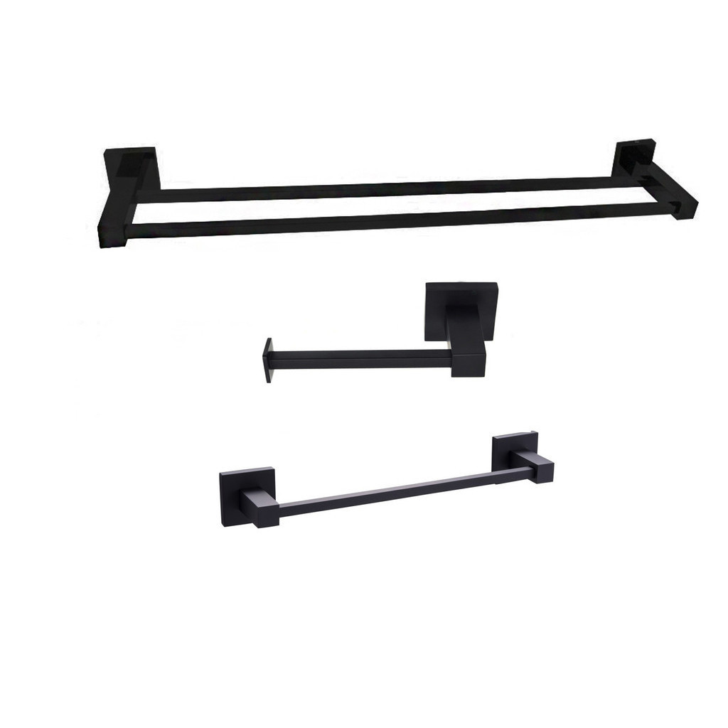 Kit Porta Toalha Banho Duplo Metal Inox + Papeleira Ret + Toalheiro Rosto Preto Fosco Banheiro