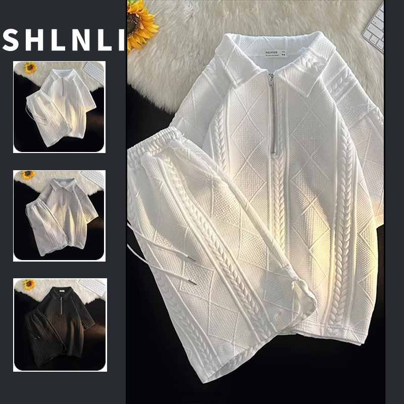 Camiseta De Manga Curta Com Meia Zíper Solta Para Homens Esportivos De Primavera E Verão + Fato De Duas Peças