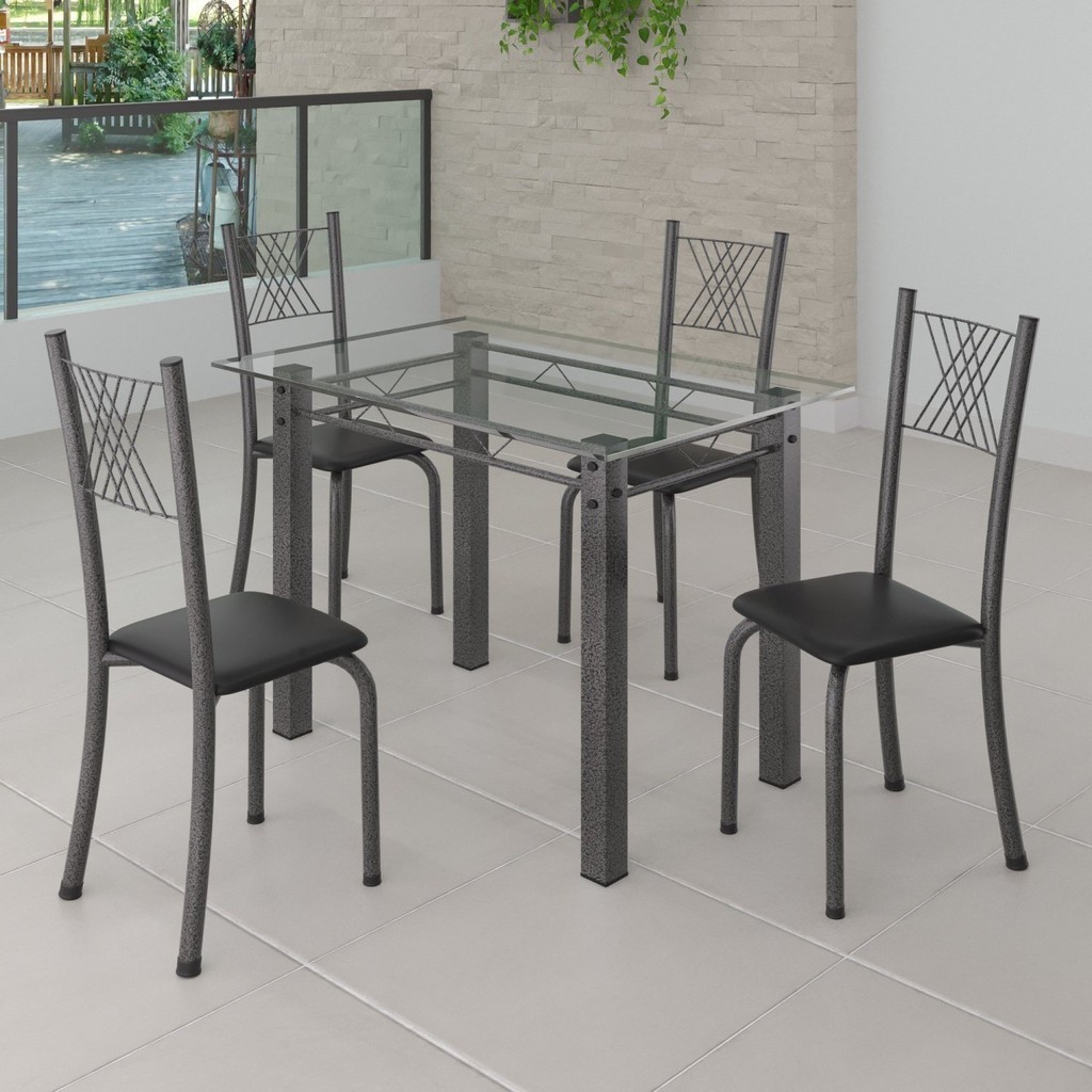 Conjunto de Jantar Mesa 100x60cm Tampo de Vidro Incolor com 4 Cadeiras Sara Yescasa Preto/Prata - Home & Living