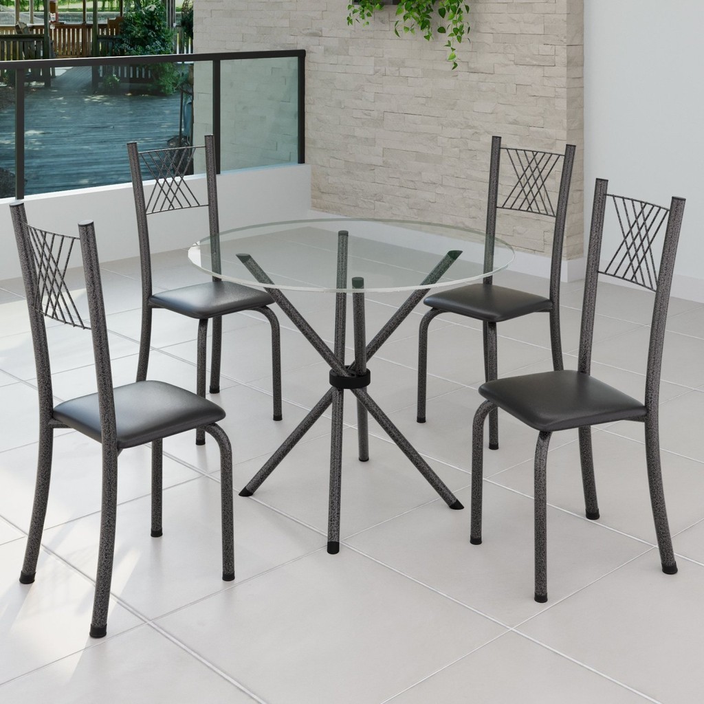 Conjunto de Jantar Mesa Tampo Redondo de Vidro Incolor com 4 Cadeiras Sara Yescasa Preto Liso/Mart Prata