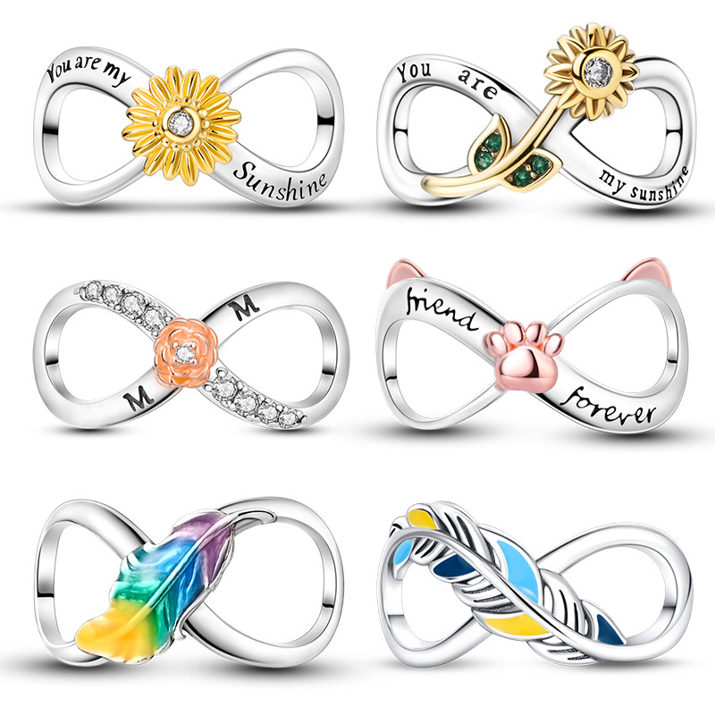 berloque prata S925 ouro clássico girassol eterno infinito contas compatíveis com pulseira de jóias DIY Original