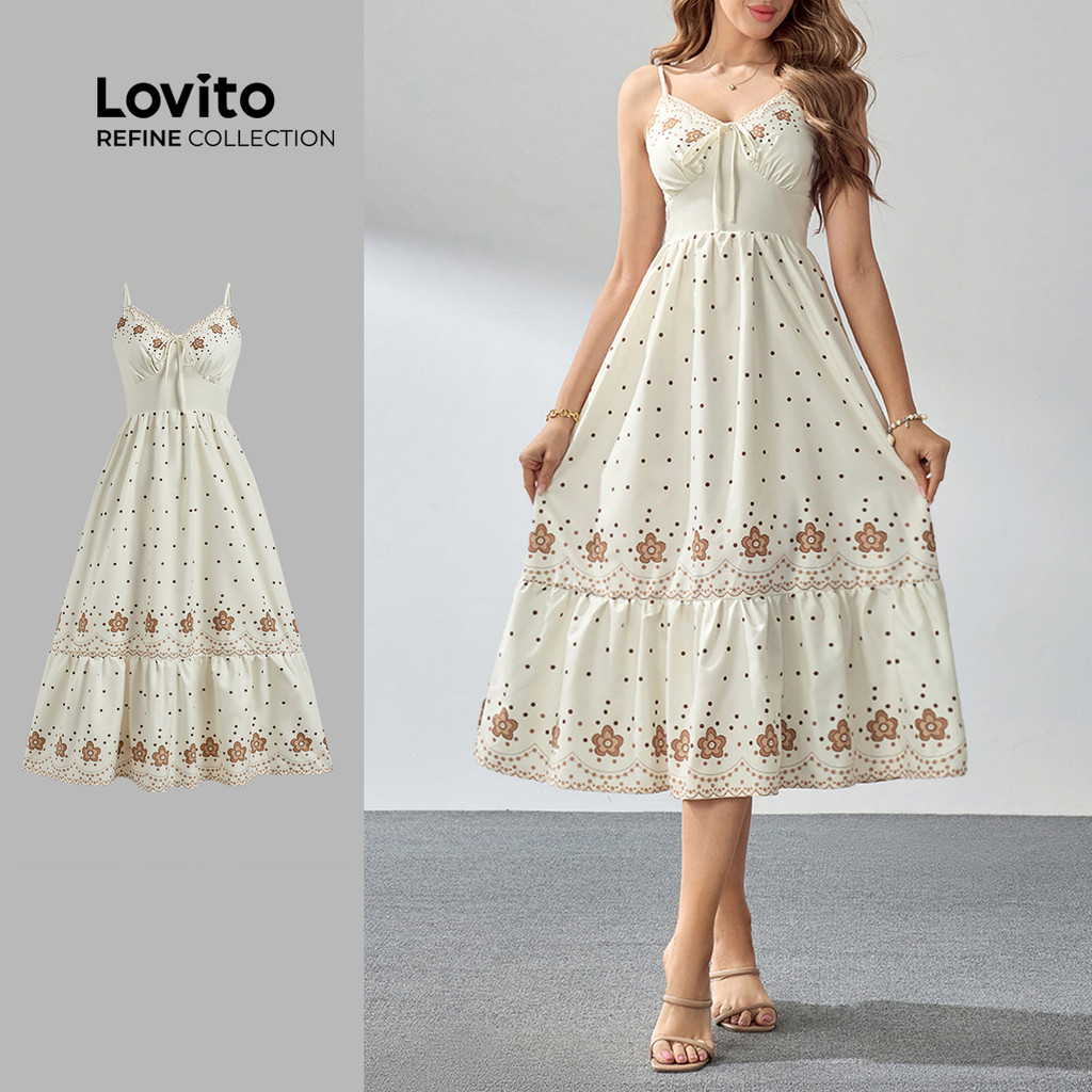 (Lovito Refine) Vestido Boho Floral Lace Up Estrutura Linha para Mulheres LR2LD067
