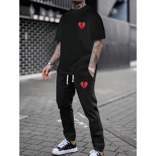 Conjunto de Camiseta e Calça  moletom com Cordão na Cintura  UNISSEX, Estampa de Coração moda academia e casual
