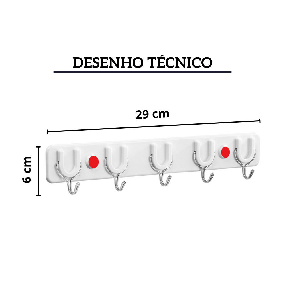 Cabide De Parede Adesivo Com 5 Ganchos Primafer 0,5Kg Atlas Ref: PR2565 — imagem 2 de 2