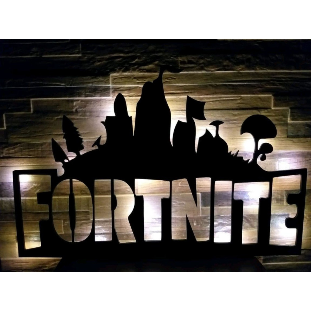 FortNite Luminária Led de Parede Sem Fio em MDF 3mm Preto Fosco 50cm x 50cm